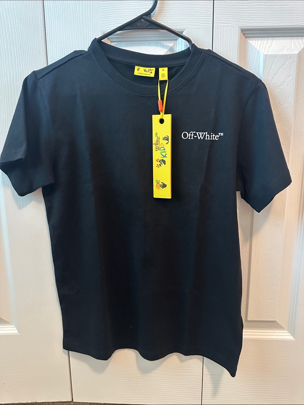 Off-White Black Tee with Yellow Tag Detail